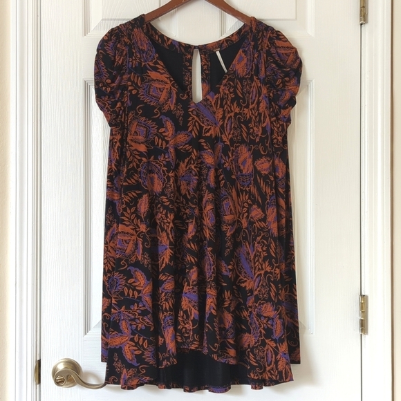 Free People Hello Lover Floral Print Long Puff Sleeve V-neck Tunic Top Black S - Picture 1 of 15